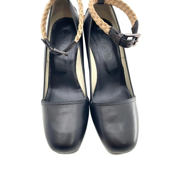 TOD'S Womens size US 7 Black Leather Platform Wedge Shoes Strap EU 37 Dust Bag - Picture 4 of 16